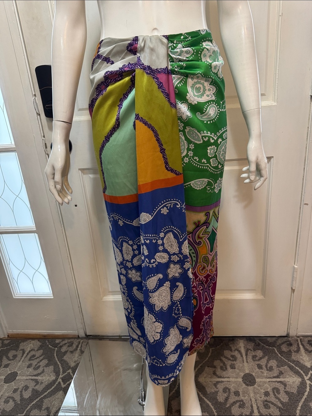 8 Birdies Colorful Paisley Print Knot Twist Midi Skirt Sarong Style Boho S S. A1
